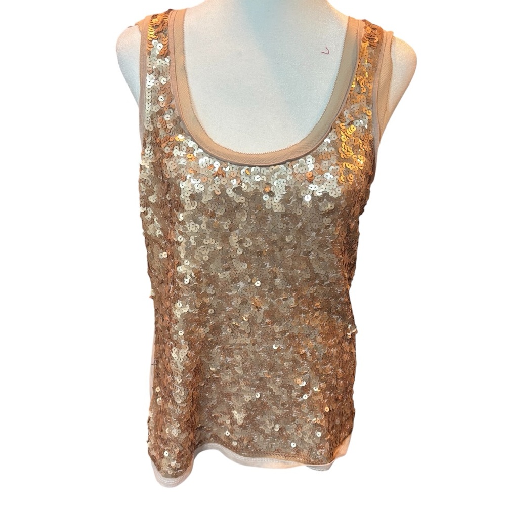 Rose Gold Sequin Tank Top Scoop Neck Sleeveless Shimmer Party Blouse Tan #235